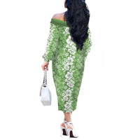 Hawaiian Lei Day Off The Shoulder Long Sleeve Dress Green Hibiscus Flowers Lei Art