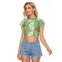 Hawaiian Lei Day Raglan Cropped T Shirt Green Hibiscus Flowers Lei Art LT9 Female Green - Polynesian Pride