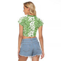 Hawaiian Lei Day Raglan Cropped T Shirt Green Hibiscus Flowers Lei Art LT9 - Polynesian Pride