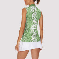 Hawaiian Lei Day Women Sleeveless Polo Shirt Green Hibiscus Flowers Lei Art