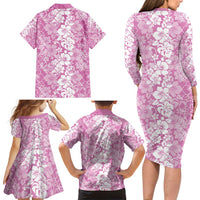 Hawaiian Lei Day Family Matching Long Sleeve Bodycon Dress and Hawaiian Shirt Pink Hibiscus Flowers Lei Art