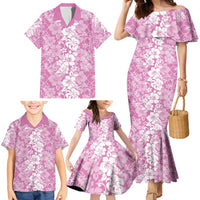 Hawaiian Lei Day Family Matching Mermaid Dress and Hawaiian Shirt Pink Hibiscus Flowers Lei Art