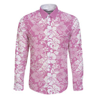 Hawaiian Lei Day Family Matching Off Shoulder Short Dress and Hawaiian Shirt Pink Hibiscus Flowers Lei Art LT9 Dad's Shirt - Long Sleeve Pink - Polynesian Pride