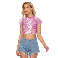 Hawaiian Lei Day Raglan Cropped T Shirt Pink Hibiscus Flowers Lei Art