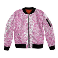 Hawaiian Lei Day Sleeve Zip Bomber Jacket Pink Hibiscus Flowers Lei Art
