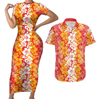 Hawaiian Lei Day Couples Matching Short Sleeve Bodycon Dress and Hawaiian Shirt Red Hibiscus Flowers Lei Art