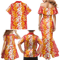 Hawaiian Lei Day Family Matching Mermaid Dress and Hawaiian Shirt Red Hibiscus Flowers Lei Art