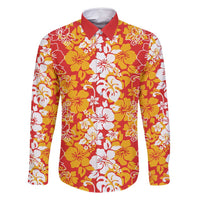 Hawaiian Lei Day Family Matching Off Shoulder Short Dress and Hawaiian Shirt Red Hibiscus Flowers Lei Art LT9 Dad's Shirt - Long Sleeve Red - Polynesian Pride