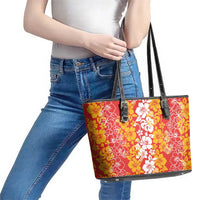 Hawaiian Lei Day Leather Tote Bag Red Hibiscus Flowers Lei Art