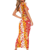 Hawaiian Lei Day Short Sleeve Bodycon Dress Red Hibiscus Flowers Lei Art