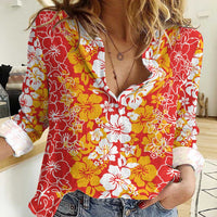 Hawaiian Lei Day Women Casual Shirt Red Hibiscus Flowers Lei Art