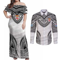 Flying Fijians Pacific Fiji Rugby Custom Couples Matching Off Shoulder Maxi Dress and Long Sleeve Button Shirt Polynesian Pattern