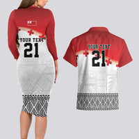 Ikale Tahi Pacific Tonga Rugby Custom Couples Matching Long Sleeve Bodycon Dress and Hawaiian Shirt Tongan Ngatu with Flag Pattern