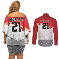 Ikale Tahi Pacific Tonga Rugby Custom Couples Matching Off Shoulder Short Dress and Long Sleeve Button Shirt Tongan Ngatu with Flag Pattern