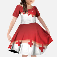 Ikale Tahi Pacific Tonga Rugby Custom Family Matching Off The Shoulder Long Sleeve Dress and Hawaiian Shirt Tongan Ngatu with Flag Pattern LT9 Daughter's Dress Red - Polynesian Pride