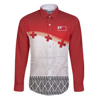 Ikale Tahi Pacific Tonga Rugby Custom Family Matching Off The Shoulder Long Sleeve Dress and Hawaiian Shirt Tongan Ngatu with Flag Pattern LT9 Dad's Shirt - Long Sleeve Red - Polynesian Pride