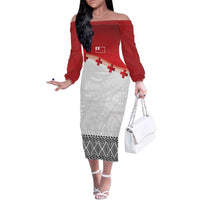 Ikale Tahi Pacific Tonga Rugby Custom Family Matching Off The Shoulder Long Sleeve Dress and Hawaiian Shirt Tongan Ngatu with Flag Pattern LT9 Mom's Dress Red - Polynesian Pride