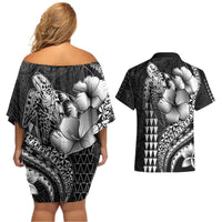 Hawaiian Sea Turtle Couples Matching Off Shoulder Short Dress and Hawaiian Shirt Black Hibiscus Flowers and Kakau Pattern