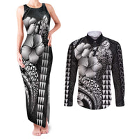 Hawaiian Sea Turtle Couples Matching Tank Maxi Dress and Long Sleeve Button Shirt Black Hibiscus Flowers and Kakau Pattern