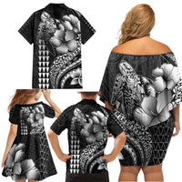 Hawaiian Sea Turtle Family Matching Off Shoulder Short Dress and Hawaiian Shirt Black Hibiscus Flowers and Kakau Pattern