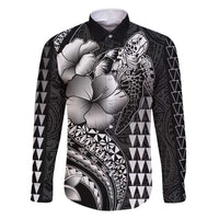 Hawaiian Sea Turtle Family Matching Tank Maxi Dress and Hawaiian Shirt Black Hibiscus Flowers and Kakau Pattern