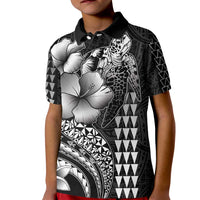 Hawaiian Sea Turtle Kid Polo Shirt Black Hibiscus Flowers and Kakau Pattern