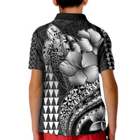 Hawaiian Sea Turtle Kid Polo Shirt Black Hibiscus Flowers and Kakau Pattern
