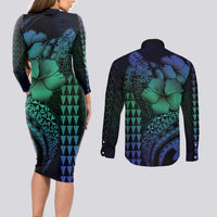 Hawaiian Sea Turtle Couples Matching Long Sleeve Bodycon Dress and Long Sleeve Button Shirt Blue Hibiscus Flowers and Kakau Pattern