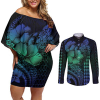 Hawaiian Sea Turtle Couples Matching Off Shoulder Short Dress and Long Sleeve Button Shirt Blue Hibiscus Flowers and Kakau Pattern