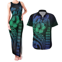 Hawaiian Sea Turtle Couples Matching Tank Maxi Dress and Hawaiian Shirt Blue Hibiscus Flowers and Kakau Pattern