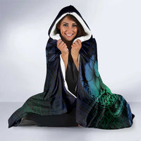 Hawaiian Sea Turtle Hooded Blanket Blue Hibiscus Flowers and Kakau Pattern
