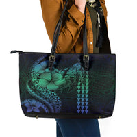 Hawaiian Sea Turtle Leather Tote Bag Blue Hibiscus Flowers and Kakau Pattern