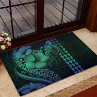 Hawaiian Sea Turtle Rubber Doormat Blue Hibiscus Flowers and Kakau Pattern