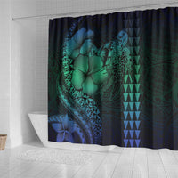 Hawaiian Sea Turtle Shower Curtain Blue Hibiscus Flowers and Kakau Pattern