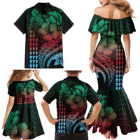 Hawaiian Sea Turtle Family Matching Mermaid Dress and Hawaiian Shirt Green Hibiscus Flowers and Kakau Pattern