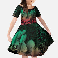 Hawaiian Sea Turtle Family Matching Tank Maxi Dress and Hawaiian Shirt Green Hibiscus Flowers and Kakau Pattern