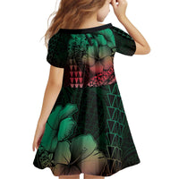 Hawaiian Sea Turtle Kid Short Sleeve Dress Green Hibiscus Flowers and Kakau Pattern