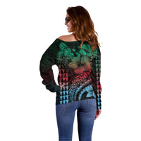 Hawaiian Sea Turtle Off Shoulder Sweater Green Hibiscus Flowers and Kakau Pattern