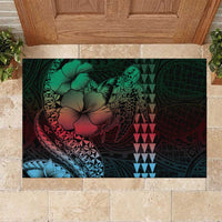 Hawaiian Sea Turtle Rubber Doormat Green Hibiscus Flowers and Kakau Pattern