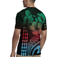 Hawaiian Sea Turtle Rugby Jersey Green Hibiscus Flowers and Kakau Pattern