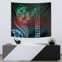 Hawaiian Sea Turtle Tapestry Green Hibiscus Flowers and Kakau Pattern