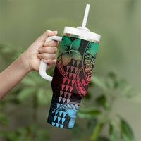 Hawaiian Sea Turtle Tumbler With Handle Green Hibiscus Flowers and Kakau Pattern