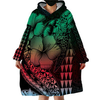 Hawaiian Sea Turtle Wearable Blanket Hoodie Green Hibiscus Flowers and Kakau Pattern
