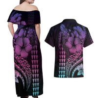 Hawaiian Sea Turtle Couples Matching Off Shoulder Maxi Dress and Hawaiian Shirt Pink Hibiscus Flowers and Kakau Pattern