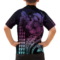 Hawaiian Sea Turtle Kid Hawaiian Shirt Pink Hibiscus Flowers and Kakau Pattern