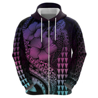 Hawaiian Sea Turtle Zip Hoodie Pink Hibiscus Flowers and Kakau Pattern