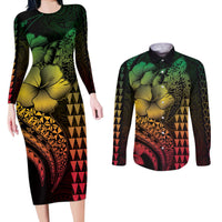 Hawaiian Sea Turtle Couples Matching Long Sleeve Bodycon Dress and Long Sleeve Button Shirt Reggae Hibiscus Flowers and Kakau Pattern