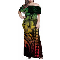 Hawaiian Sea Turtle Family Matching Off Shoulder Maxi Dress and Hawaiian Shirt Reggae Hibiscus Flowers and Kakau Pattern