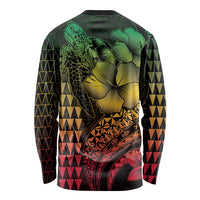 Hawaiian Sea Turtle Long Sleeve Shirt Reggae Hibiscus Flowers and Kakau Pattern