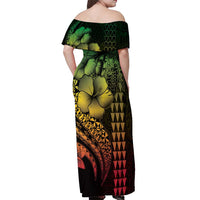 Hawaiian Sea Turtle Off Shoulder Maxi Dress Reggae Hibiscus Flowers and Kakau Pattern